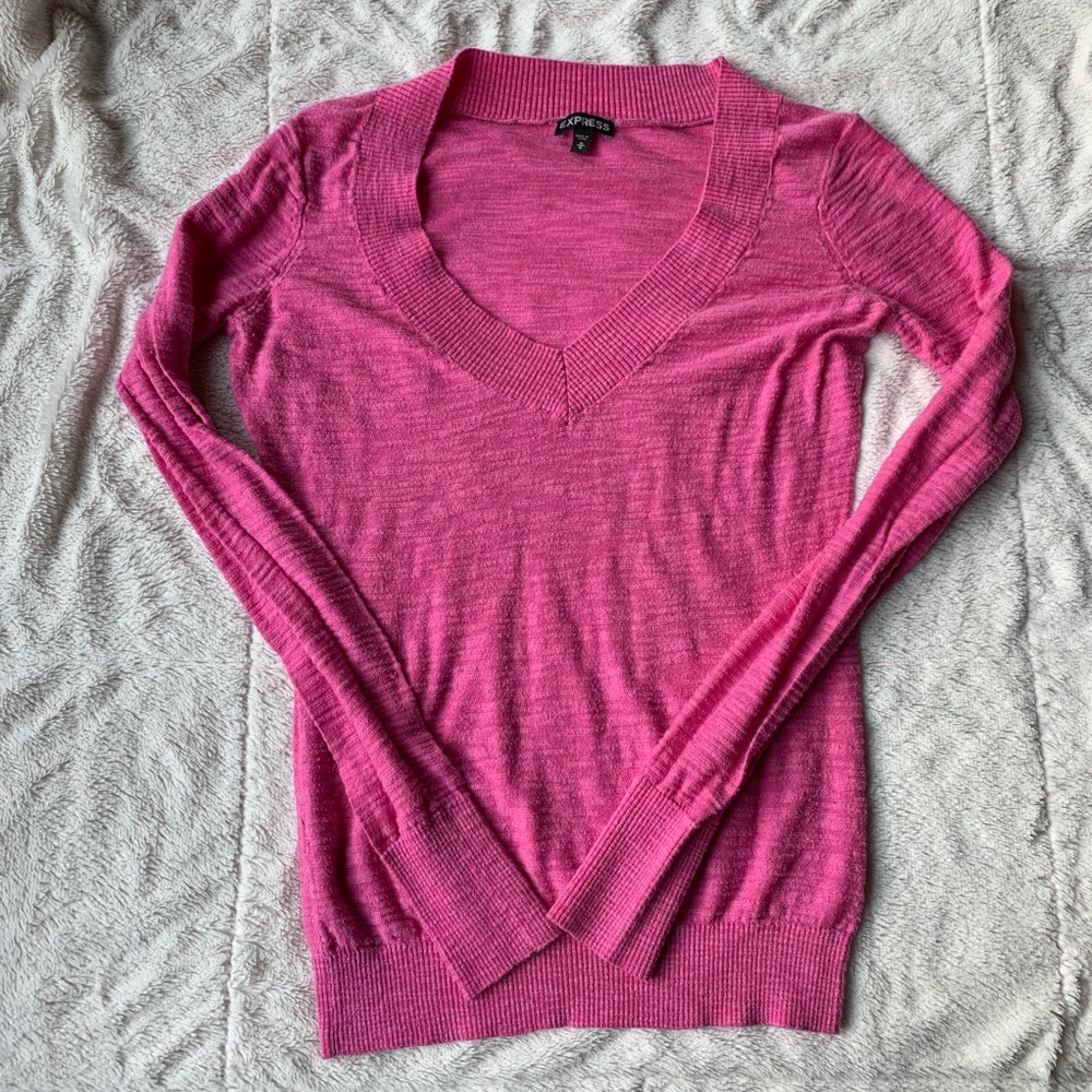 Express Marled Fitted V Neck Sweater Pink